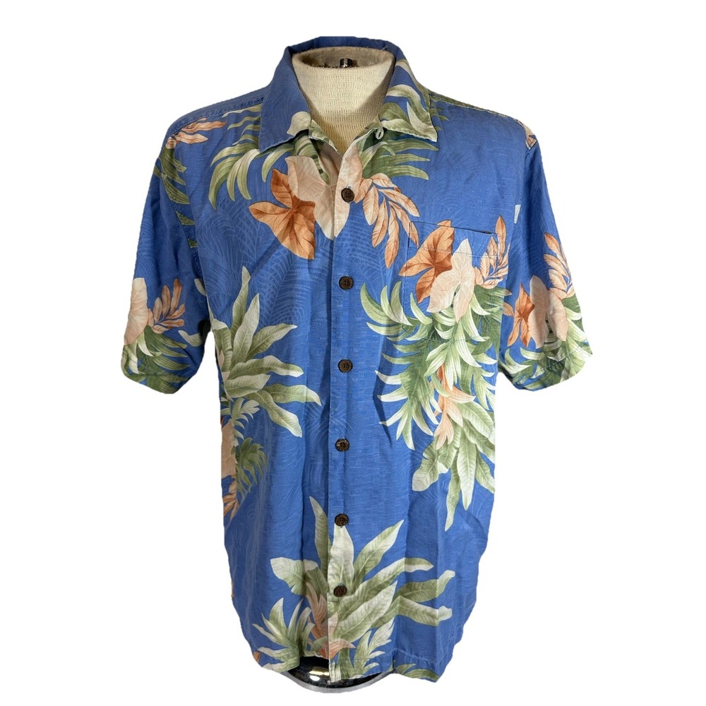 Hawaiian Shirt Mens L Tommy Bahama Tropical Leaves Blue Green Orange Silk Shirt
